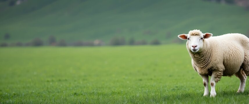 A serene sheep grazing in a lush green field with hills in the background  Ideal for farm, agriculture, rural, and countryside concepts or spring events
