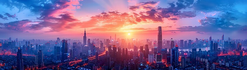 Wide-angle view of a bustling metropolitan skyline at twilight