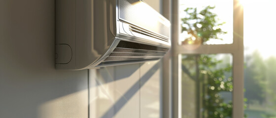 A wall-mounted air conditioning unit in a bright room, with sunlight streaming through a window, symbolizing comfort and modern home living.