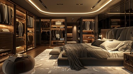 Fototapeta premium A stunning 3D render of a modern luxury bedroom and dressing room interior design, featuring elegant decor, plush bedding