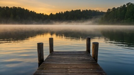 Fototapeta premium Tranquil morning scene of a wooden dock extending into a misty lake surrounded by a forest, perfect for serene getaways, nature retreats, and relaxation
