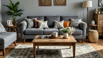 Cozy living room interior with a gray sofa, wooden coffee table, and a patterned rug.