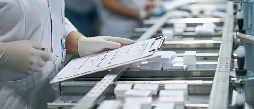 A scientist wearing gloves and a lab coat holds a clipboard, preparing to check items on a conveyor belt in a laboratory setting.