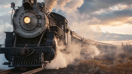 Fototapeta premium Close-up of a vintage steam locomotive chugging along railroad tracks on a cloudy day.