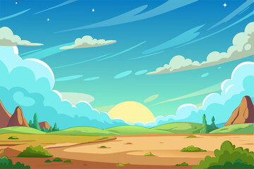 Obraz premium Cartoon desert landscape with mountains, sun shining through clouds