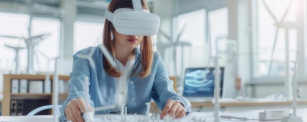 Female in VR glasses studying a miniature wind farm layout on a desk, blending technology with renewable energy exploration