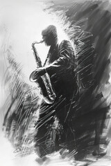 A black and white sketch of a jazz musician improvising with his saxophone