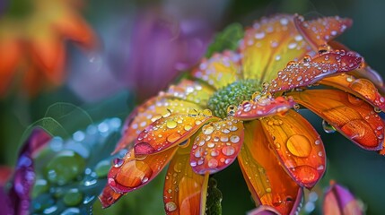 Dew droplets on the leaves of a vibrant flower, reflecting its colors.