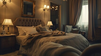 A stylish and cozy bedroom interior featuring elegant furniture, plush bedding, and soft ambient lighting