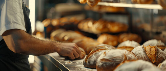 Obraz premium Assorted fresh bread displayed invitingly on a bakery counter, evoking the inviting charm and warmth of artisanal baking.