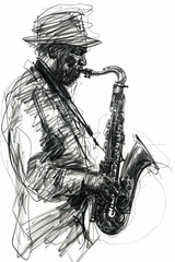 A black and white sketch of a jazz musician improvising with his saxophone