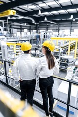 A male and female project manager oversee operations with robotics and automation, ensuring efficient product storage in a modern warehouse