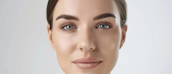 Fototapeta premium A serene portrait featuring a calm expression and piercing blue eyes, highlighting natural beauty and a soft, even complexion.