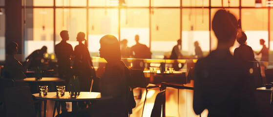 Silhouettes of people against a warm-lit backdrop, embodying the buzz and social atmosphere of a modern cafe.