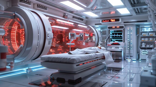 Futuristic medical examination room with a patient on a bed.