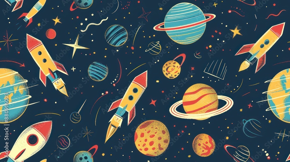 Wall mural cosmic rockets and planets seamless pattern