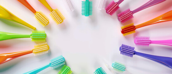 A vibrant fan display of multicolored toothbrushes splayed out in a circular pattern on a white background.