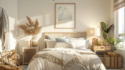 A stylish coastal style bedroom interior featuring a mockup frame on the wall, cozy decor, and soft lighting creating a warm and inviting atmosphere