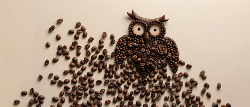 Coffee beans are artistically arranged to form an owl shape, with parts of the owl and beans scattered to create a whimsical and creative display. - Powered by Adobe