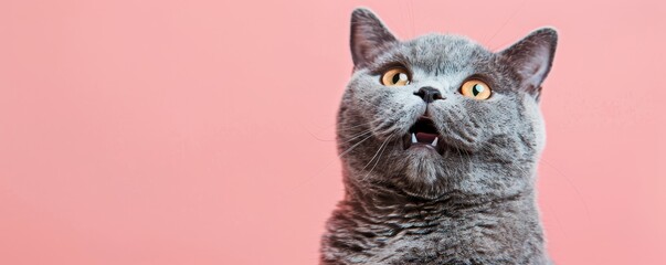 A grey cat with yellow eyes is looking at the camera on pink background. Free copy space for banner.