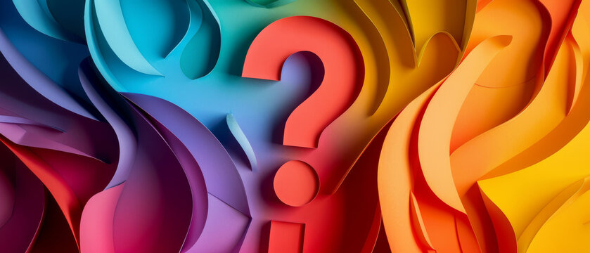 Bold and vivid abstract illustration with vibrant colors and flowing forms surrounding a red question mark, evoking curiosity and creativity.