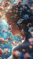 A young woman with long, flowing hair stands in a field of flowers