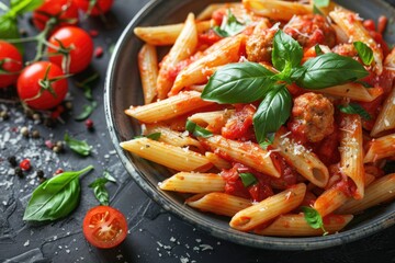 Penne pasta with meatballs in bowl professional advertising food photography