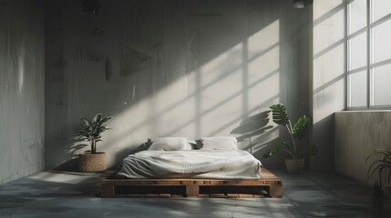 A stylish loft apartment bedroom interior featuring a wooden bed and an empty wall mockup, soft lighting creating a chic and modern atmosphere