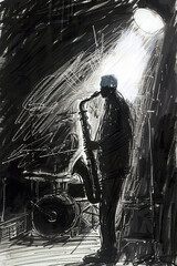 A black and white sketch of a jazz musician improvising with his saxophone