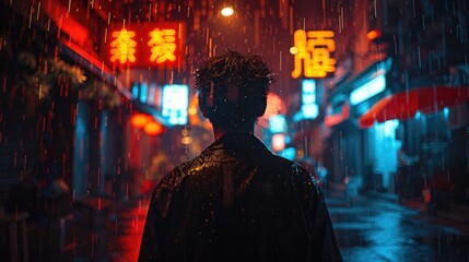 Obraz premium Determined Man Running Through Cyberpunk Futuristic City with Neon Signs and Holographic Advertisements