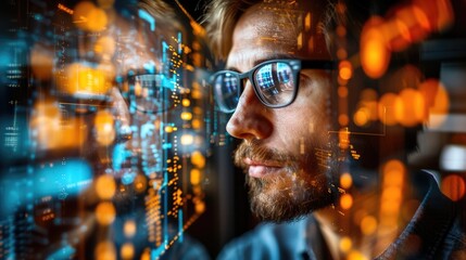 Digital Navigator - Man Studying Holographic Map in High-Tech Command Center, Futuristic Neon Lights Background