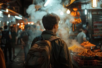 Fototapeta premium A man with a backpack explores a vibrant night market filled with food stalls and colorful lights, creating a lively atmosphere. 