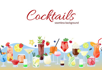 Vector cocktails seamless border. Big set of summer beach alcoholic drinks mix in flat style with cut fruits. Beach Holidays, summer sale, party, cafe-bar concept. Poster, advertising, flyer, sale.