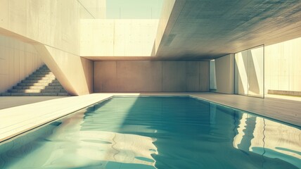 Fototapeta premium A geometric-shaped pool with sharp angles and modern design elements, completely empty