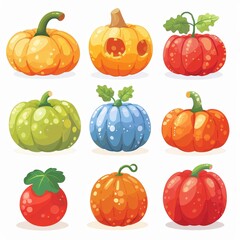 Colorful set of cartoon-style pumpkins and gourds, perfect for autumn, harvest, and Halloween themed projects.