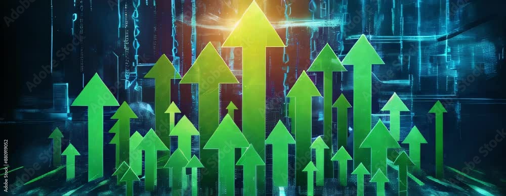 Aufkleber Green arrows pointing upwards over a digital background with binary code, symbolizing growth, progress, and technological advancement.