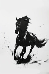 A black and white sketch of a horse galloping
