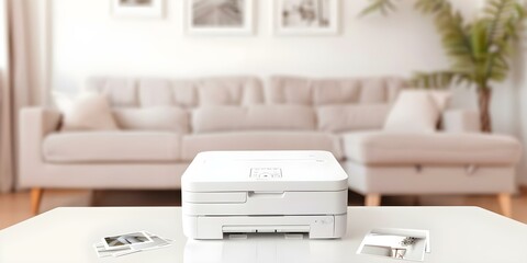 Fototapeta premium Compact photo printer brings smartphone photos to life on coffee table in cozy home. Concept Printing Memories, Smartphone Connectivity, Cozy Home Decor, Compact Design