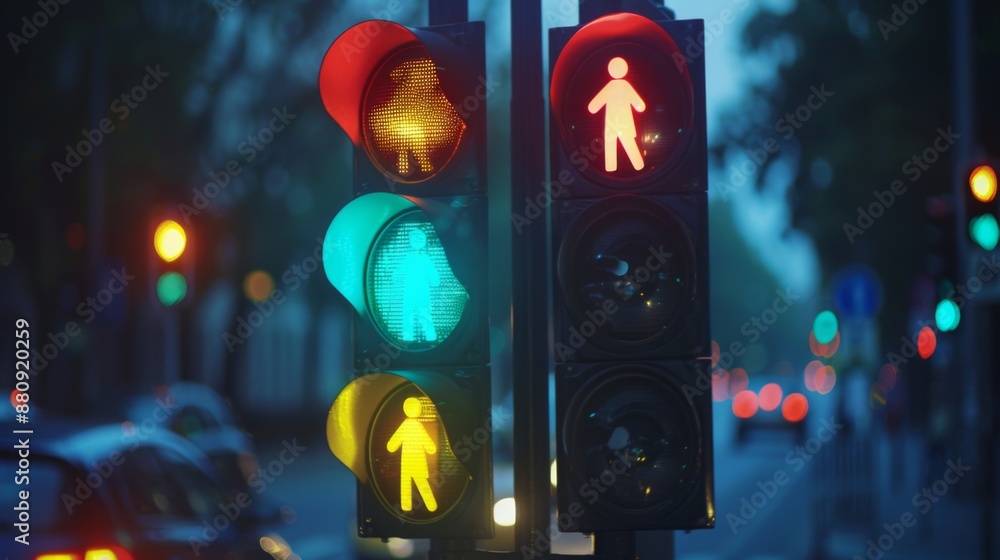 Poster Multiple traffic lights in a row showing different signals for cars and pedestrians.