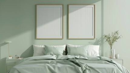 A 3D render of a bedroom interior with light green tones, featuring two blank frames mockup above the bed, ready for artwork or photographs