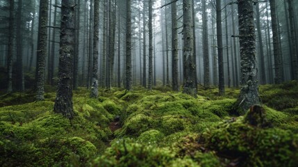 Obraz premium Mossy coniferous forest in a foggy day.
