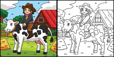 Cowgirl and Cattle Coloring Page Illustration