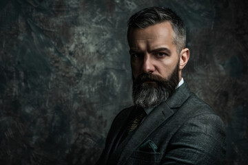 Fototapeta premium Man in a grey suit with a thick beard exudes intensity and composure in a muted, textured environment.