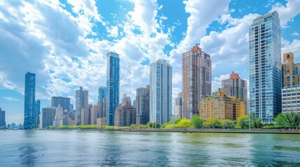 Fototapeta premium Modern apartment buildings and offices towering over a riverbank in a vibrant city.