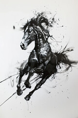 A black and white sketch of a horse galloping