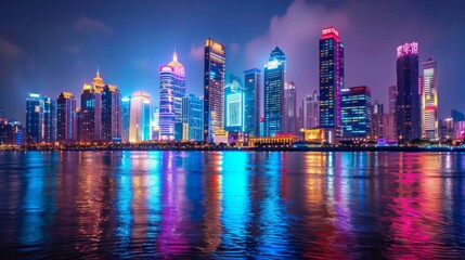 Night scene of brightly lit skyscrapers along a riverbank, seen from across the water.