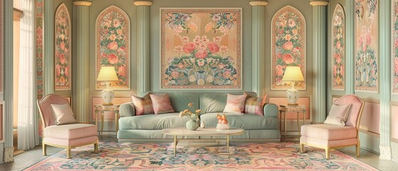 Highend hotel suite, extravagant decor, convenient facilities, graceful elegance, flat design illustration