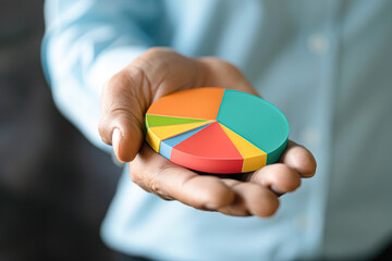 A person is holding a pie chart in their hand
