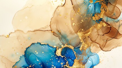 Abstract watercolor painting featuring blue, bright brown and luminous gold combined in a dynamic pattern.