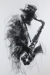 A black and white sketch of a jazz musician improvising with his saxophone